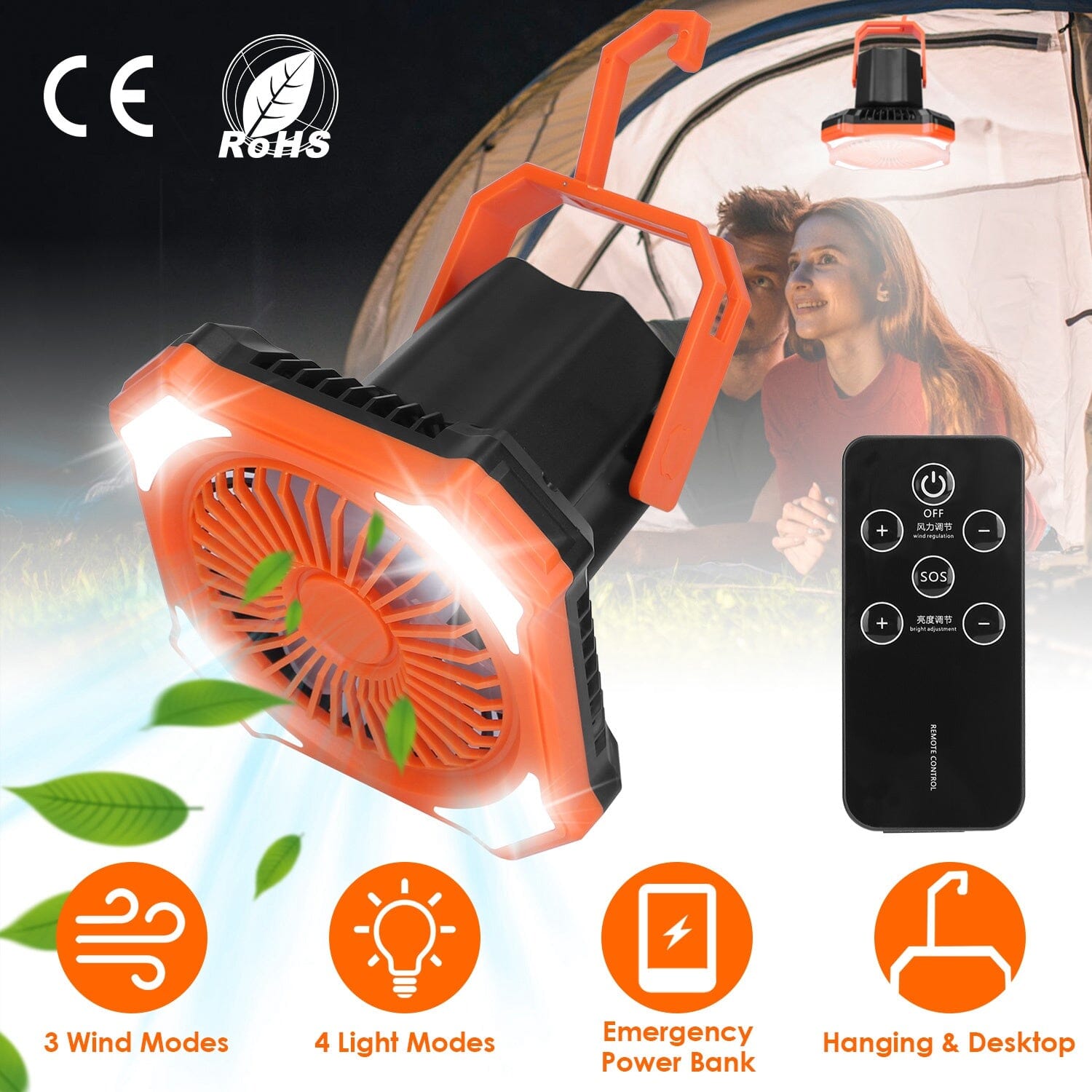 Portable Camping Lantern Fan 10000mAh Battery Powered with 4 Light Modes Supply