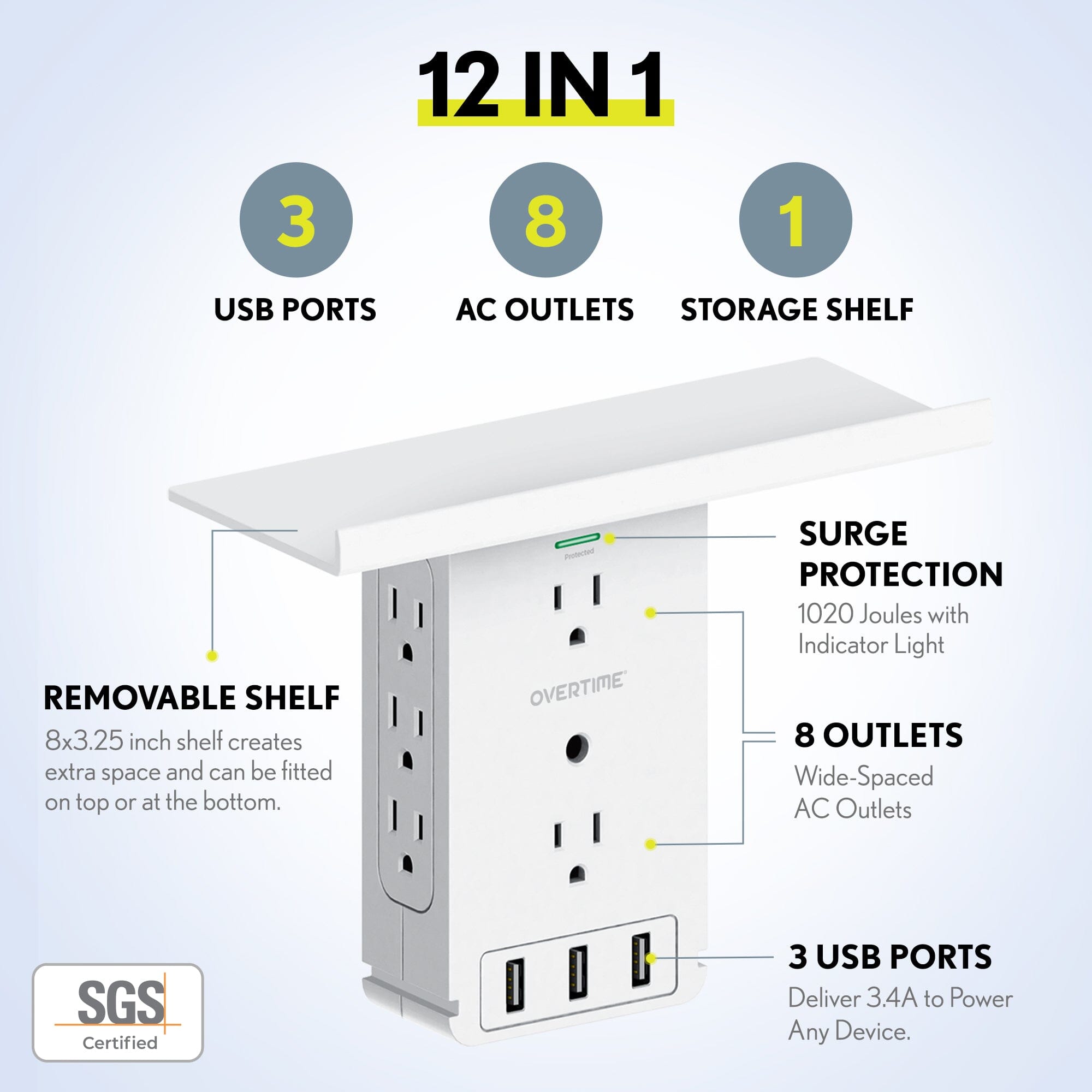 Overtime Outlet Extender with 8 AC and 3 USB Outlets Detachable Shelf Multi-Plug Outlet Extender with Surge Protector Clearance Perfect