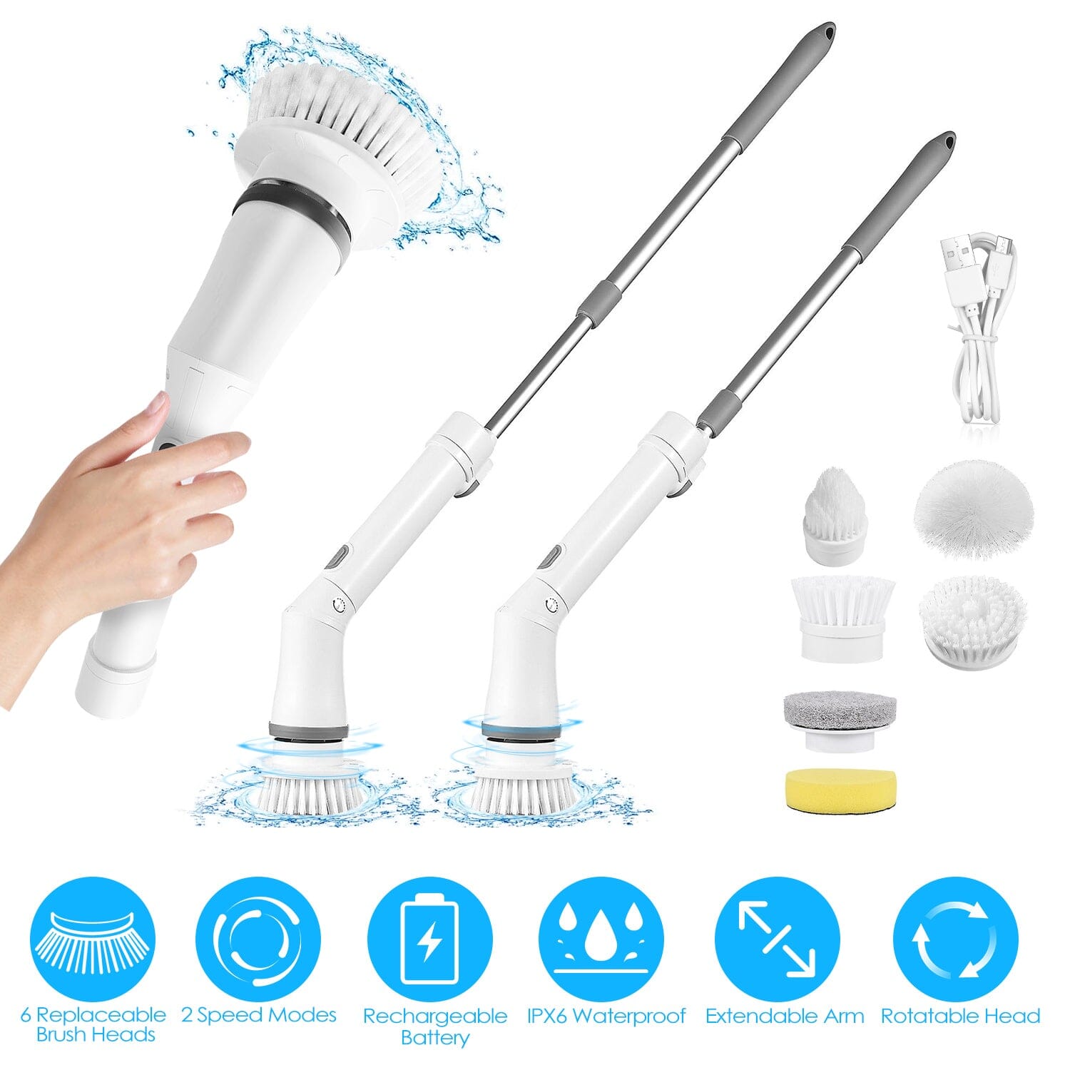 Rechargeable Telescopic Cleaning Brush 6 Replaceable Heads 2 Speed Adjustable Extension Arm Best Pices Cheap Pice