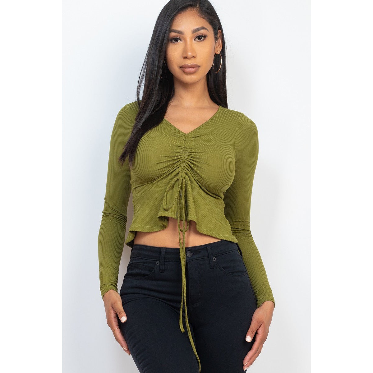 Ribbed Drawstring Front Long Sleeve Peplum Top For Sale Cheap Pice From China