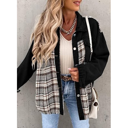 Women's Denim Jacket Long Sleeve Plaid Button Down Shirts Shacket Discount Pices