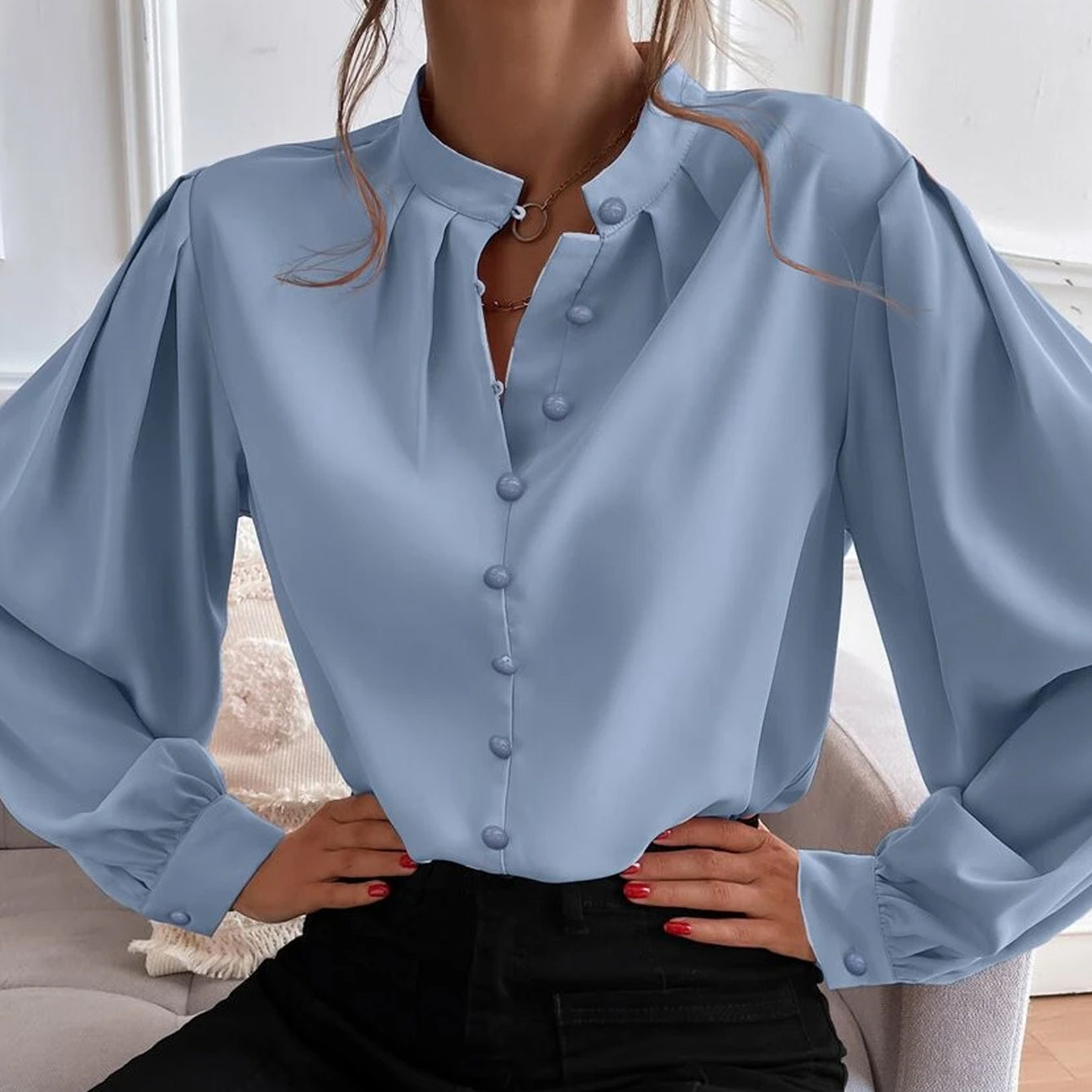 Bishop Sleeve Button Up Blouse Sale Sast