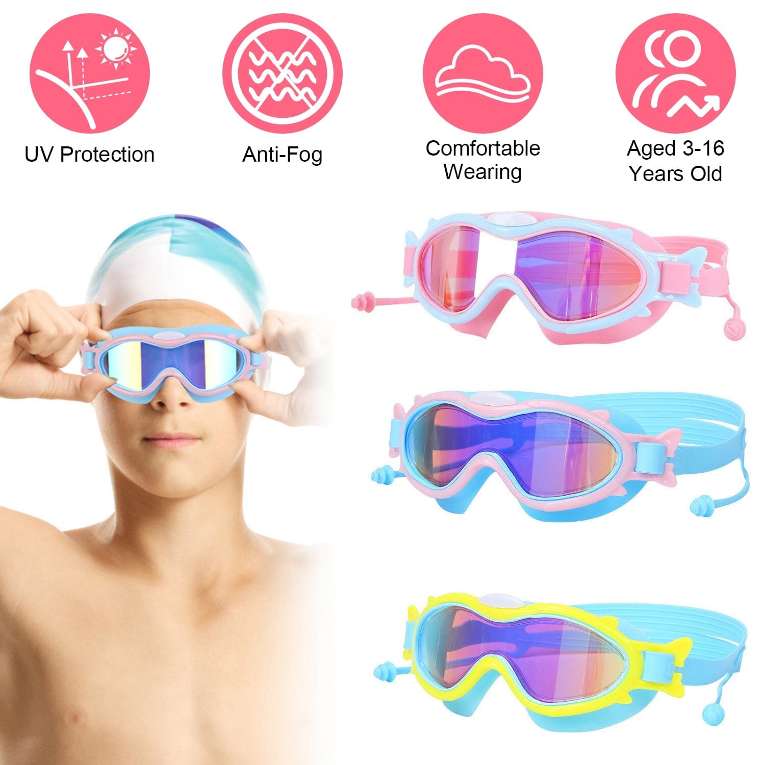 Kids Swim Goggles with Ear Plugs UV Protection Anti-Fog Leak Proof Outlet Affordable