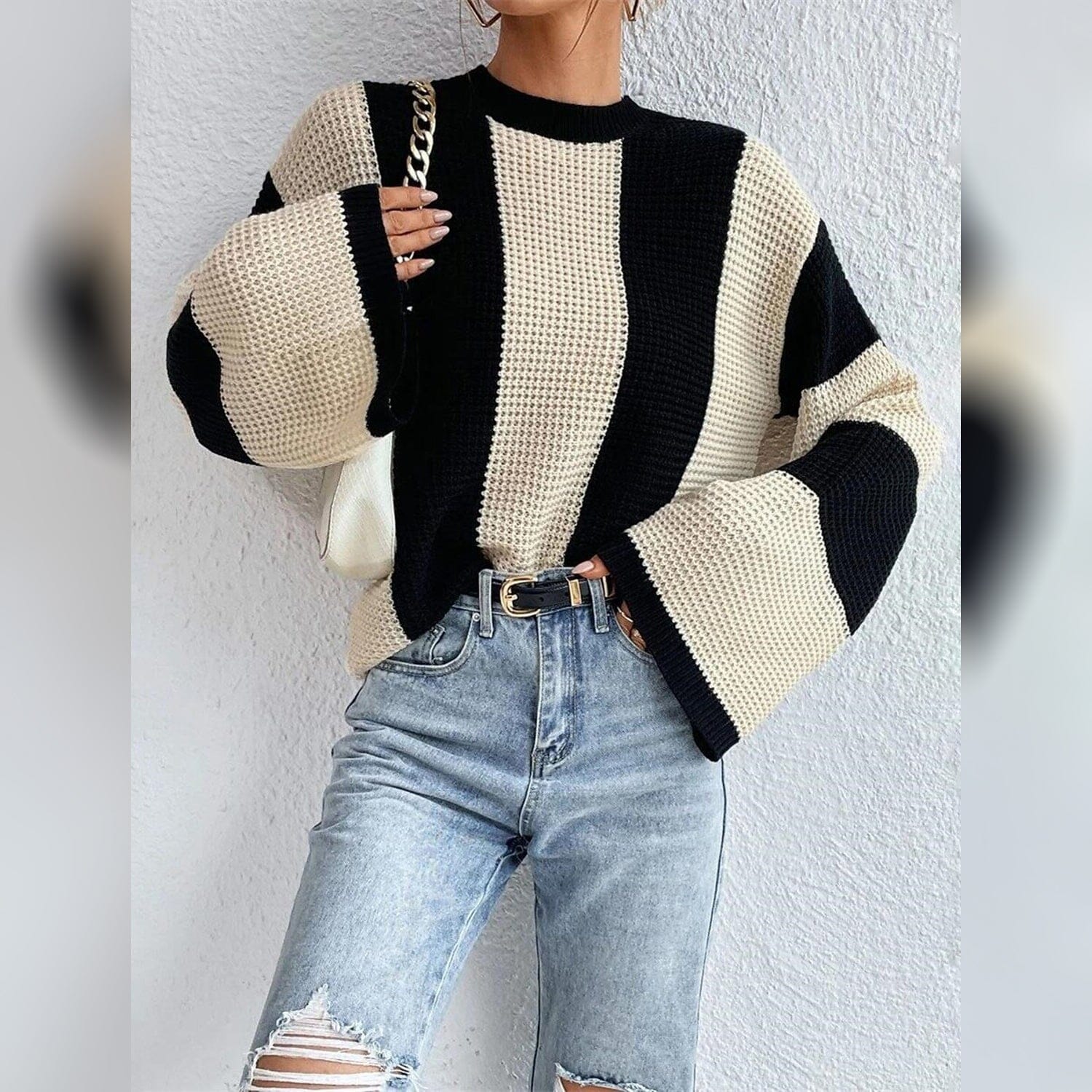 Women's Pullover Ribbed Knit Patchwork Striped Sweater Sale Low Cost