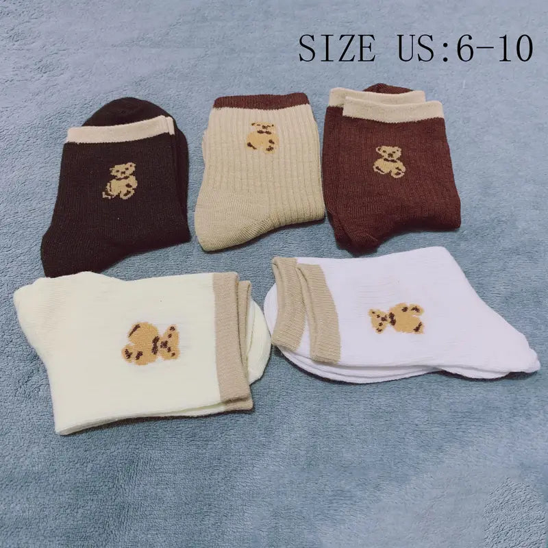 5-Pairs: Bear Embroidery Low Cut Ankle Socks Clearance 2025 Unisex