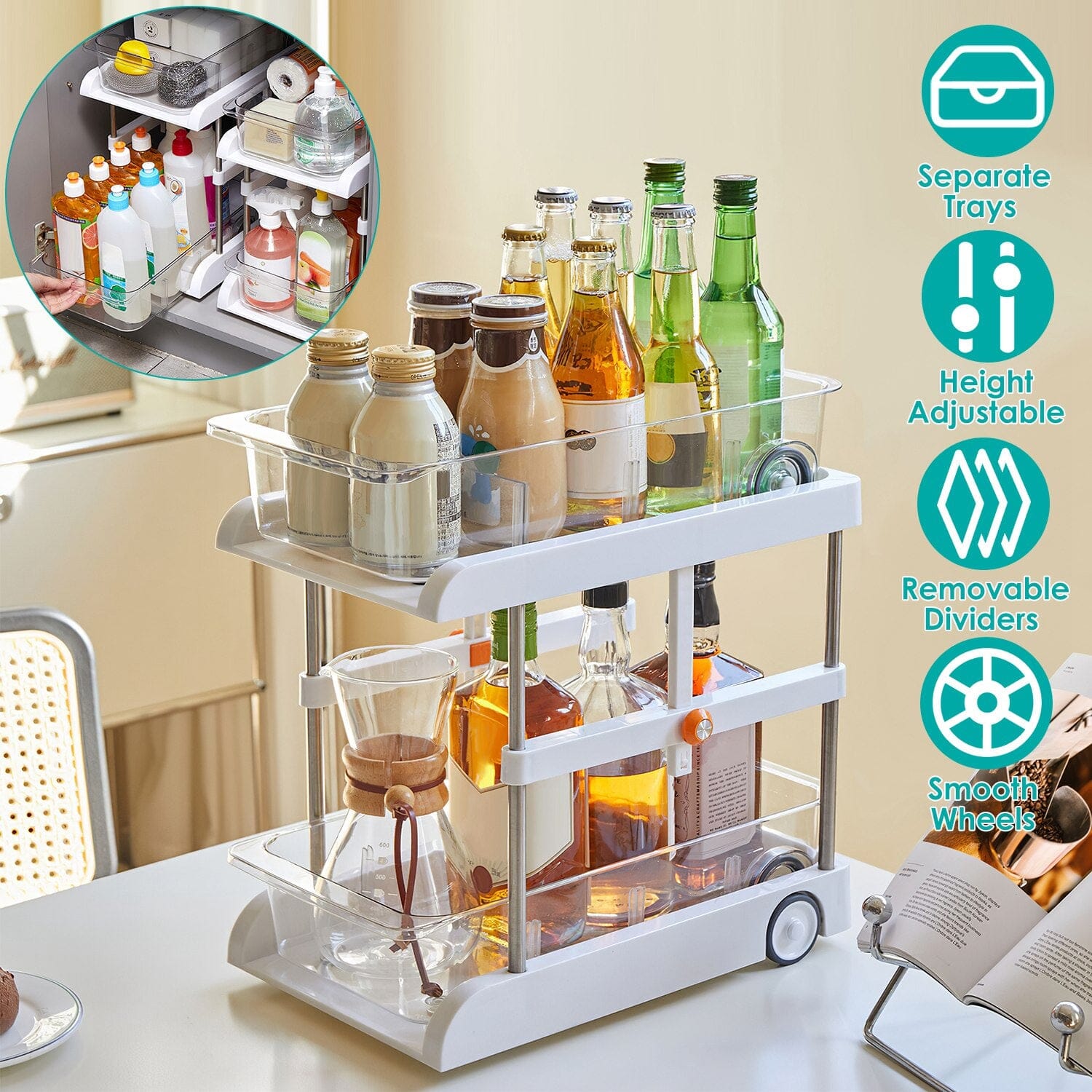 2-Tier Height Adjustable Under Sink Organizer with Flexible Wheels 2 Clear Trays Best Store To Get Sale Online