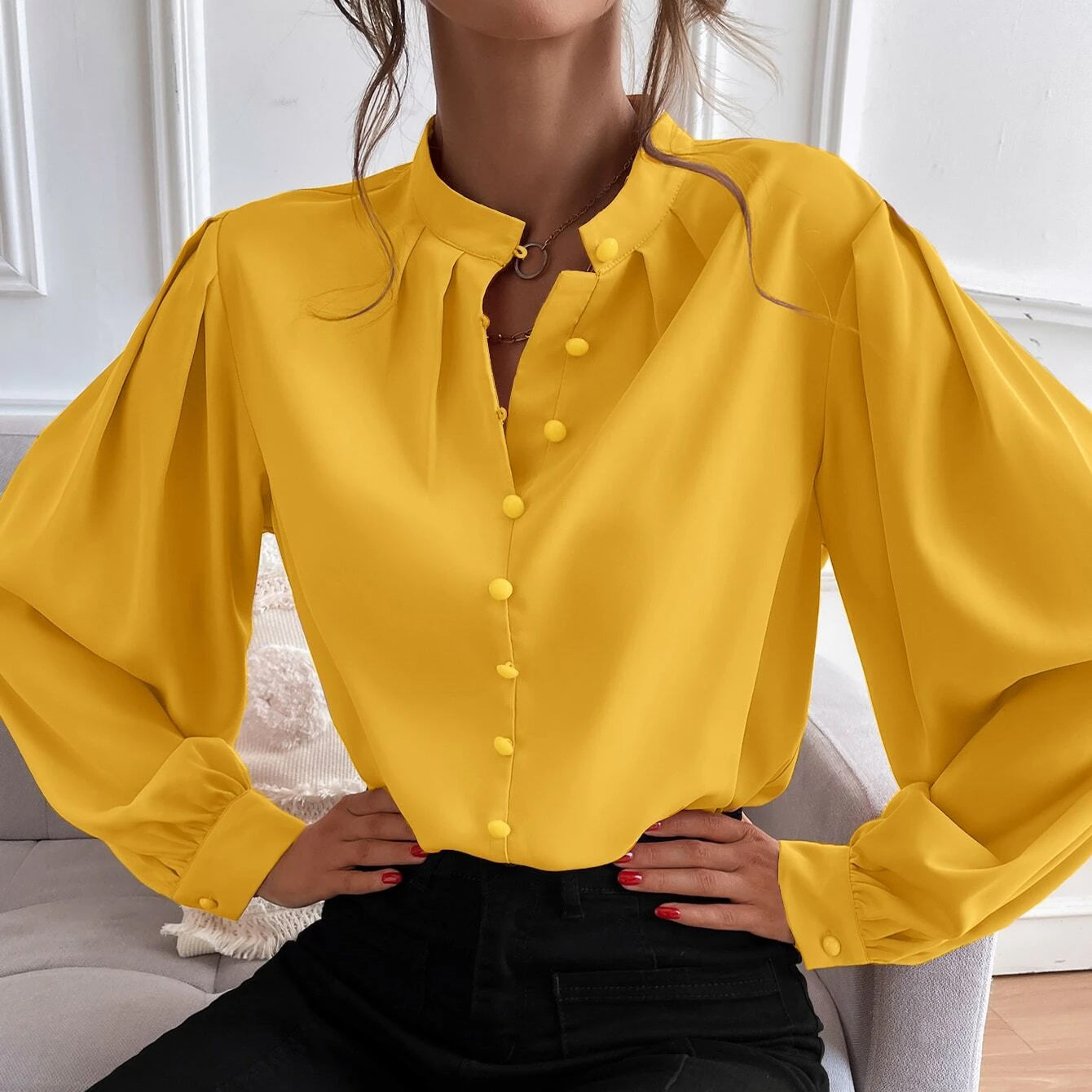 Bishop Sleeve Button Up Blouse Sale Sast