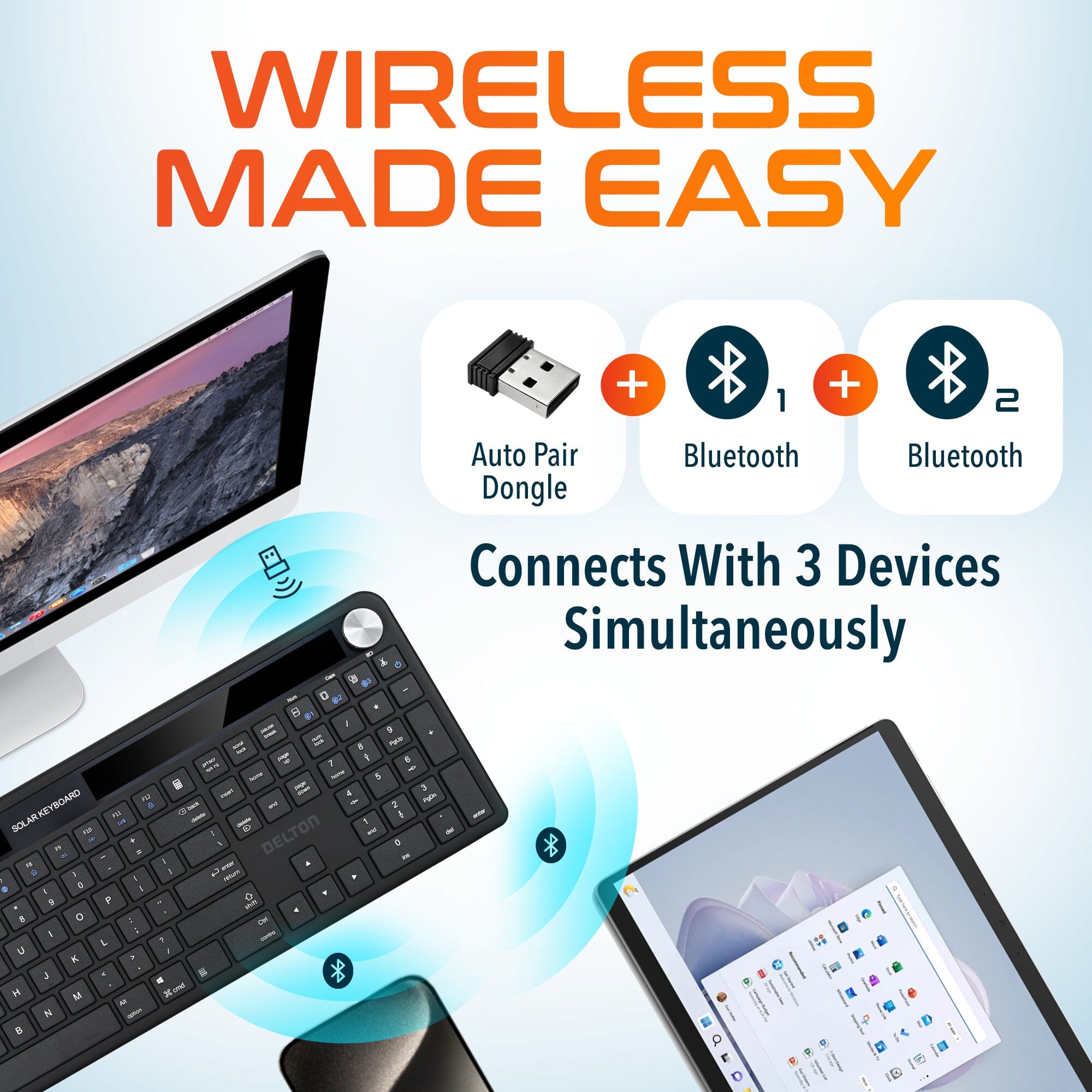 Delton KB90 Wireless Solar Keyboard, Rechargeable Wireless Keyboard with Quiet Keys, Solar Recharging Keyboard, Bluetooth Keyboard for Computer /Desktop /PC /Laptop /Windows. Outlet Explore