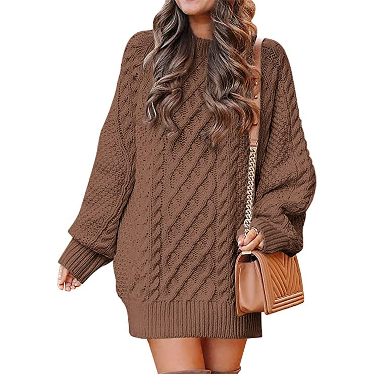 Women Crewneck Long Sleeve Oversized Cable Knit Chunky Pullover Short Sweater Dresses Free Shipping Shop