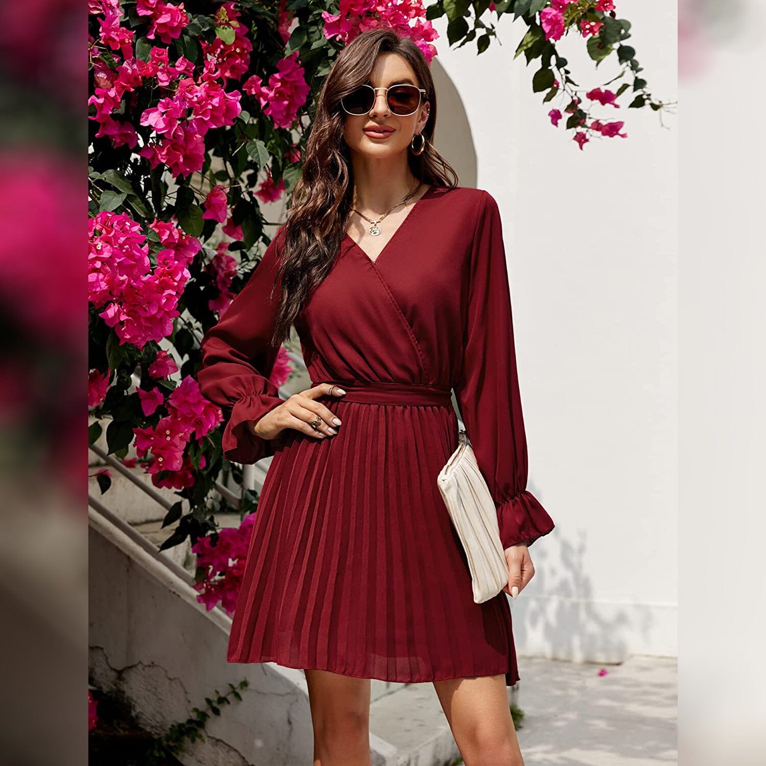 Womens Wrap V Neck Pleated Long Sleeve Mini Dresses Buy Cheap For Nice