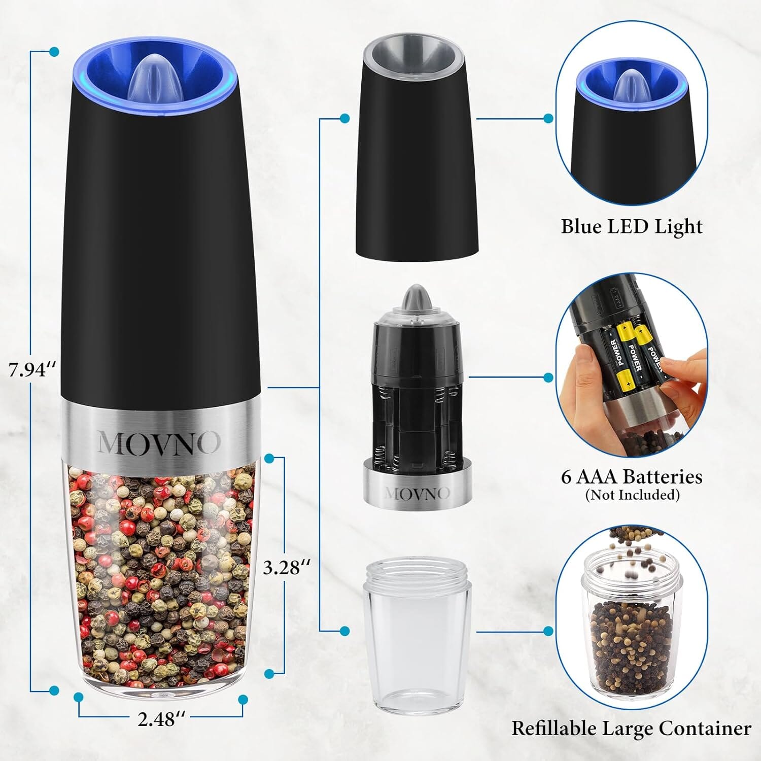 2-Piece Set: Gravity Electric Salt and Pepper Grinder Set, Battery Powered LED Light One Hand Automatic Operation Discount Wiki