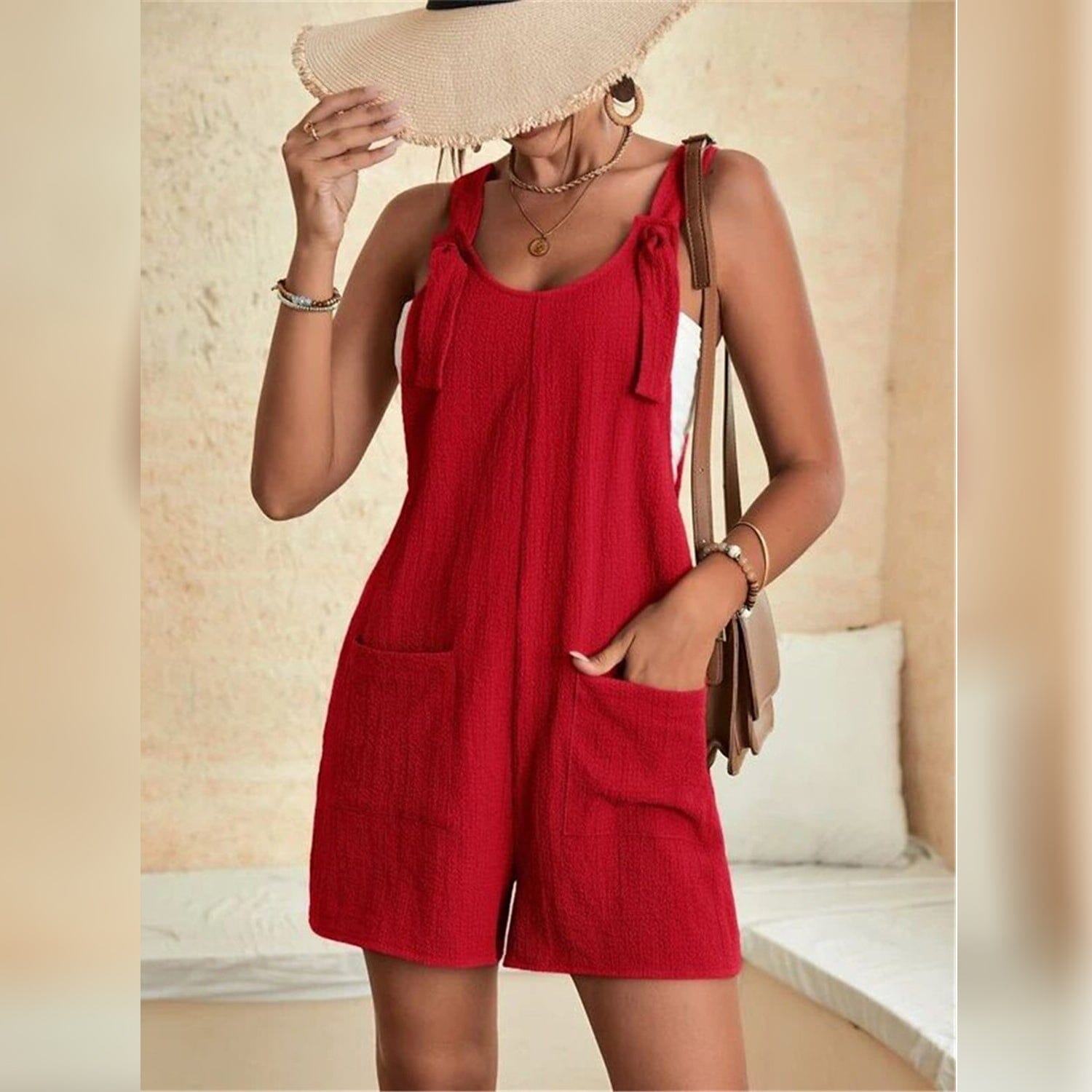 Women's U-Neck Strap Pocket Jumpsuit Solid Color Buy Cheap With Mastercard