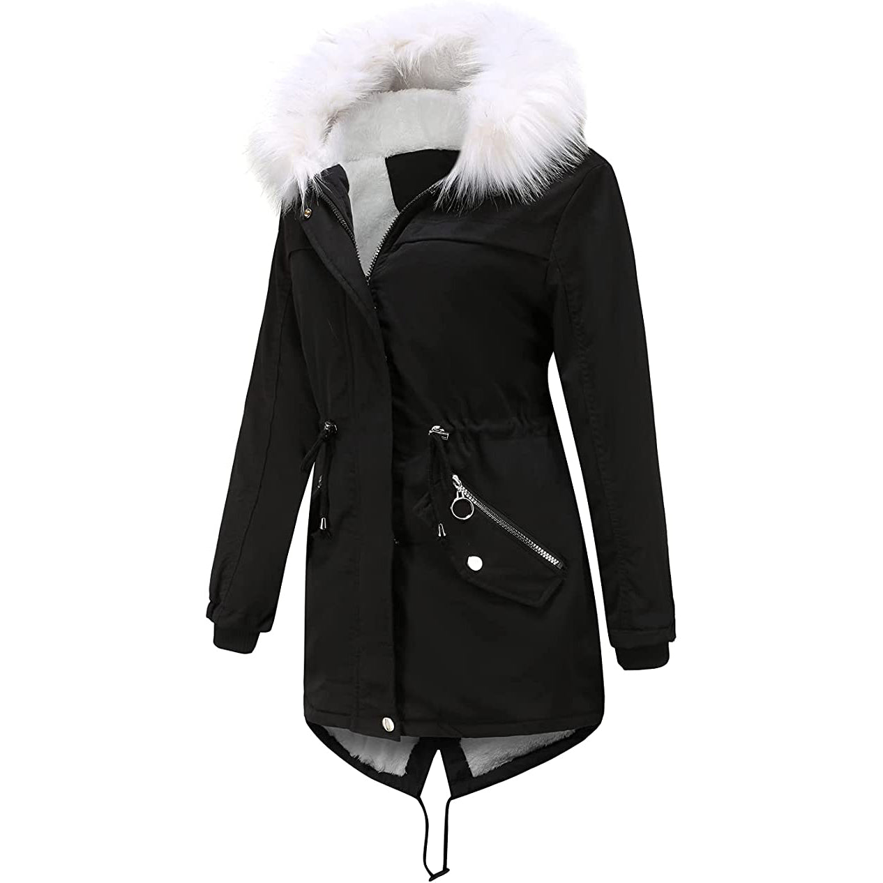 Women's Thick Warm Fleece Lined Winter Coat Jacket Parka with Fluffy Hood Visa Payment