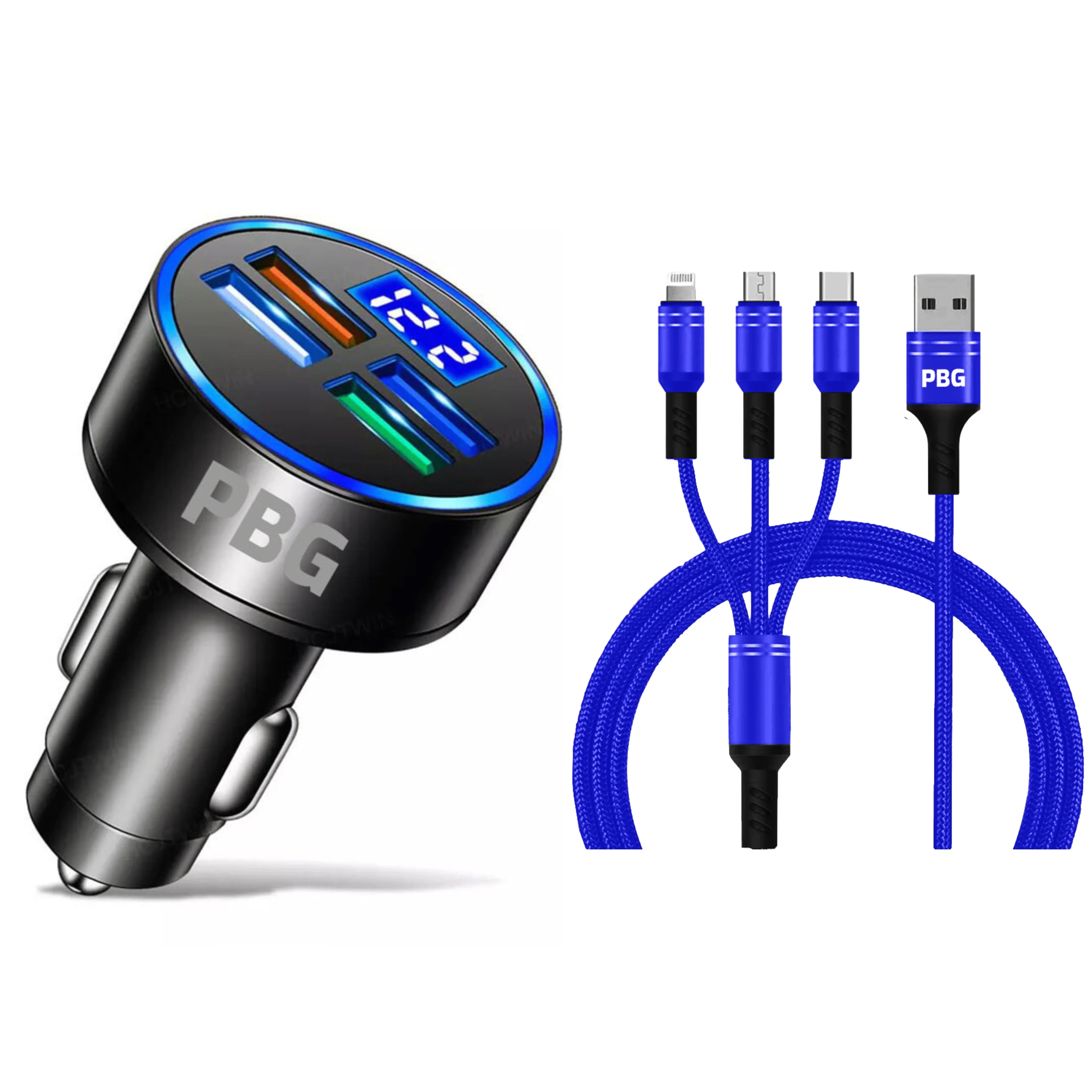 PBG LED 4 Port Car Charger Voltage Display and 3-in-1 Cable Bundle Eastbay Cheap Online