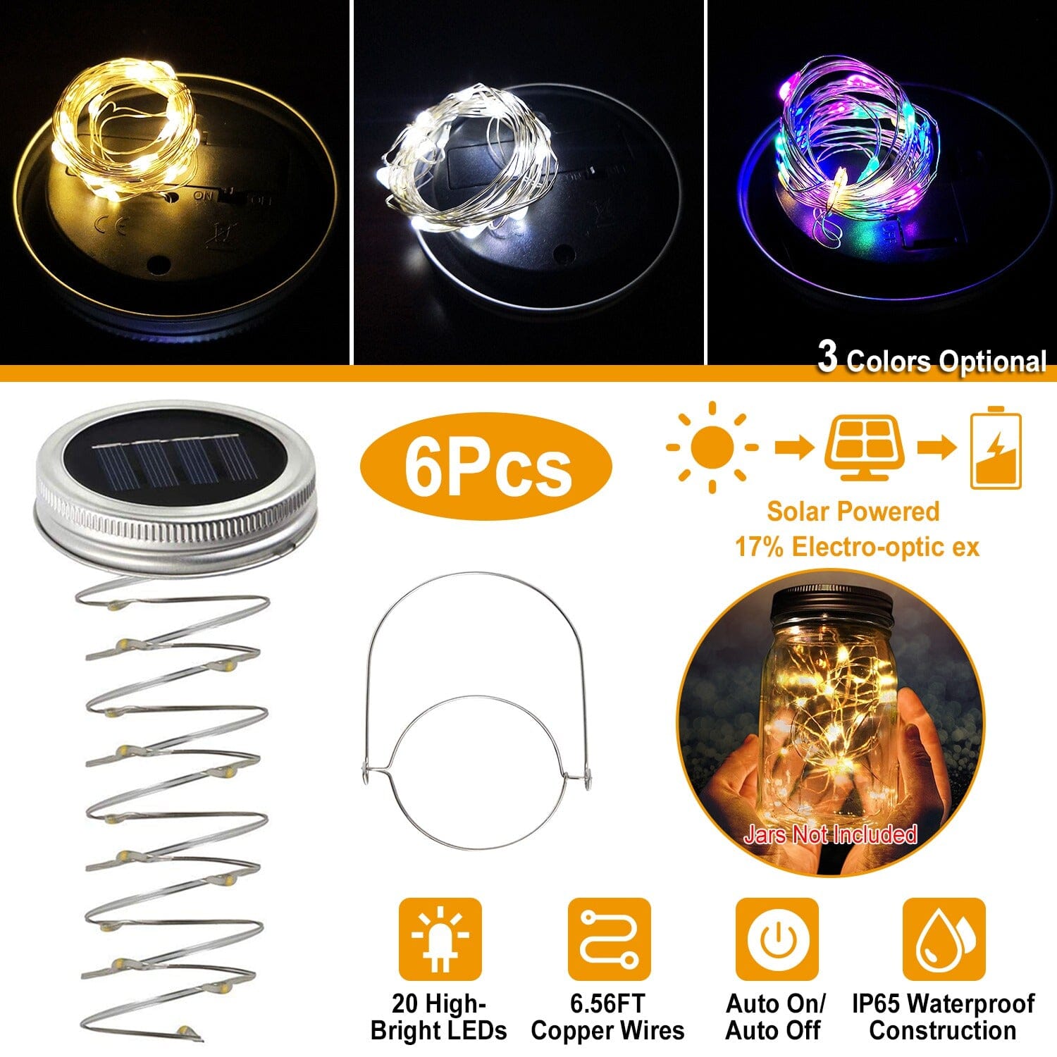 6-Pieces: Solar Powered Mason Jar Lid Lights 20 LEDs Visit Online