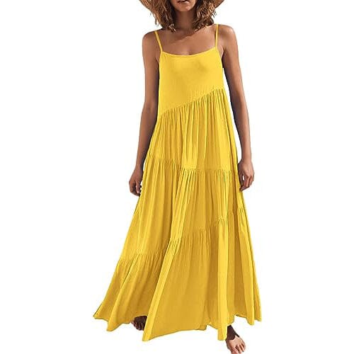 Women's Summer Casual Loose Sleeveless Spaghetti Strap Asymmetric Tiered Beach Maxi Long Dress Sale Hot Sale