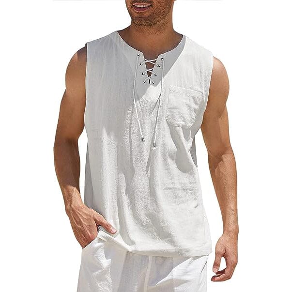 Men's Cotton Linen Tank Top Shirts Casual Sleeveless Lace Up Beach Hippie Tops Bohemian Renaissance Pirate Tunic Get To Buy For Sale