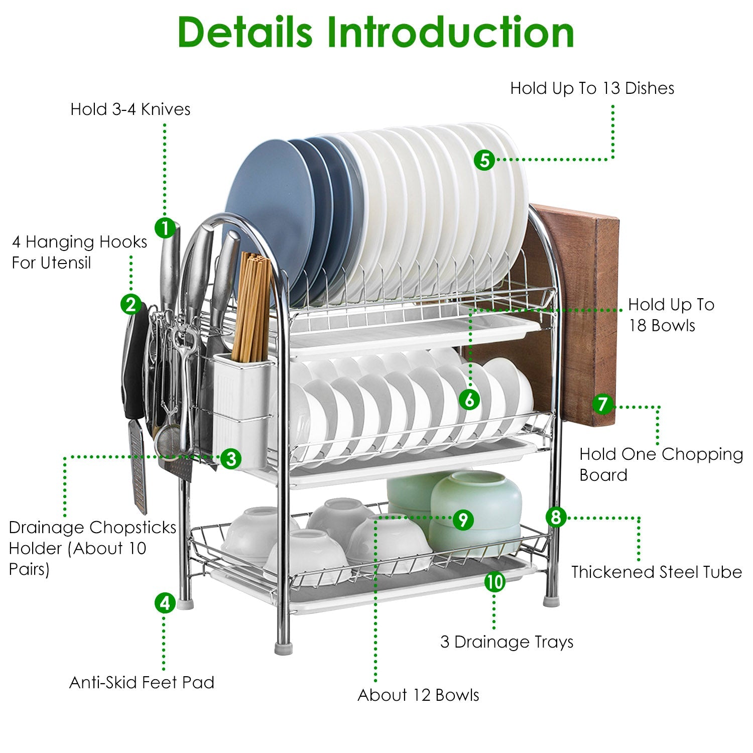 3-Tier Dish Drying Rack Shelf with 3 Drain Trays Chopping Board For Cheap Sale Online