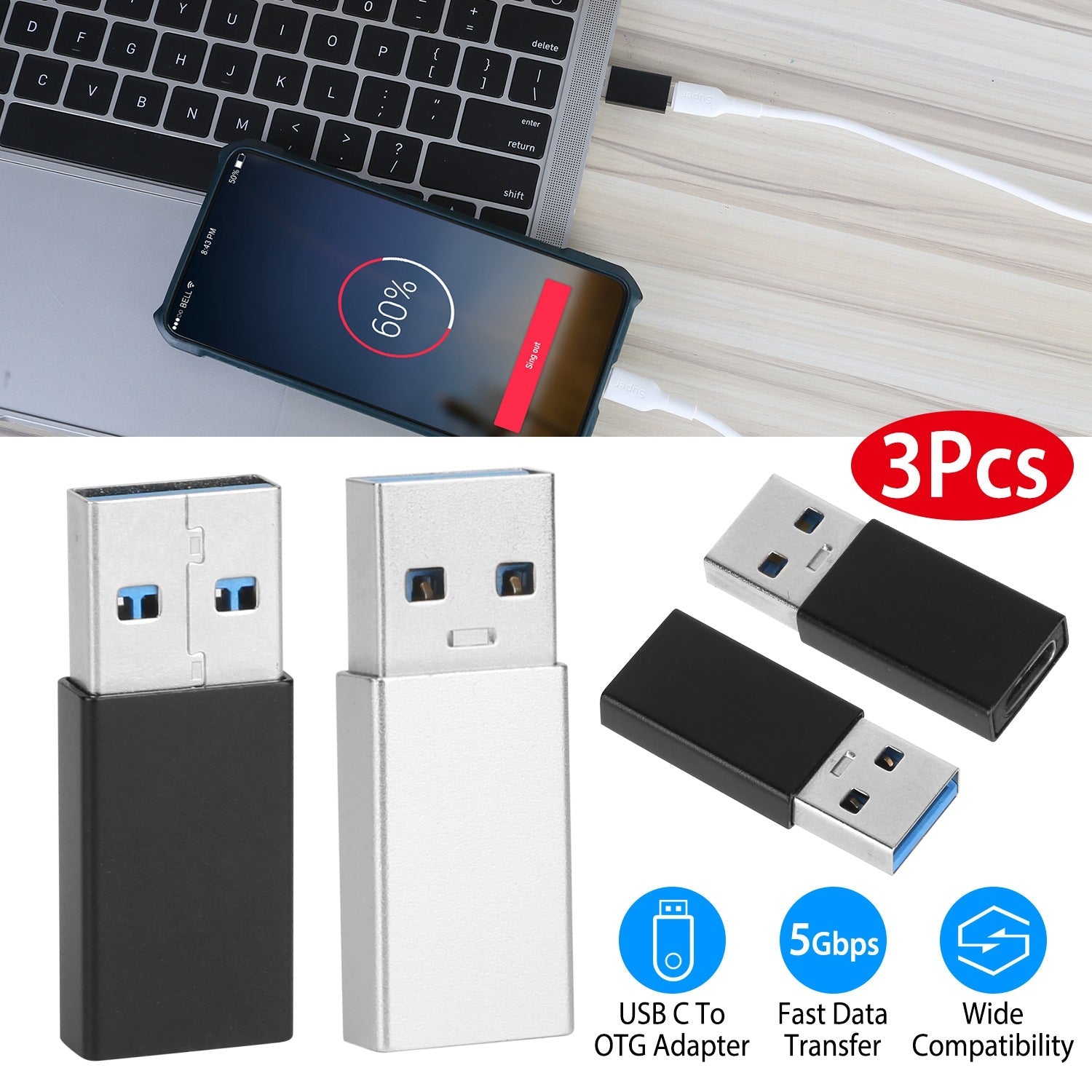 3-Packs: USB Type-C Male to USB A 3.0 OTG Male Port Converter Outlet Footlocker Finishline