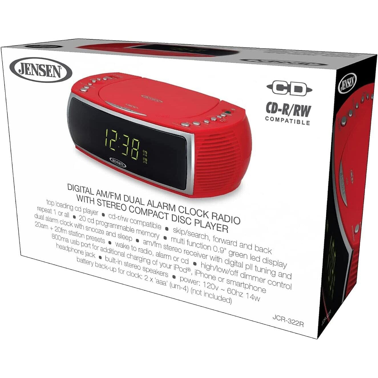 Jensen JCR-322R Modern Home CD Tabletop Stereo Clock Digital Display AM/FM Radio CD Player Dual Alarm Clock (Red) Many Kinds Of Sale Online