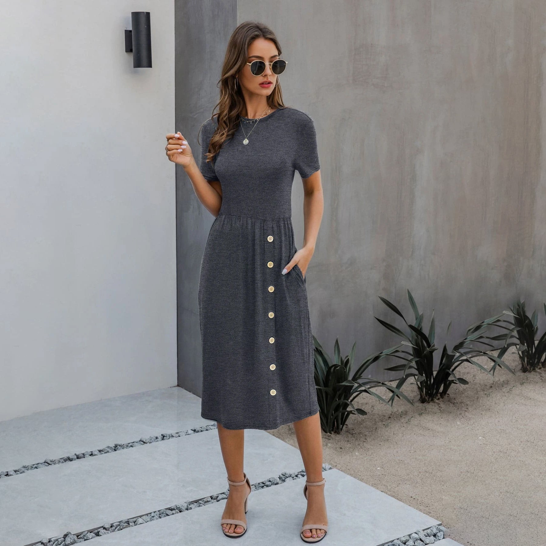 Slant Pocket Button Detail Dress Cheap Sale Release Dates