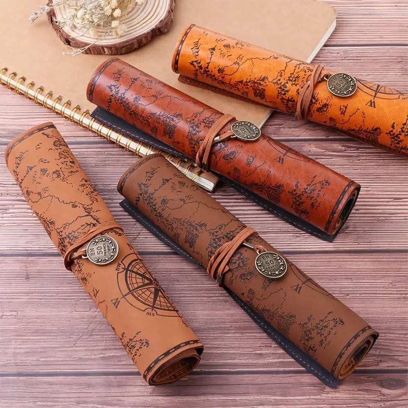 PU Leather Rollup Pen Bag Vintage Creative Map Pencil Case Cost For Sale