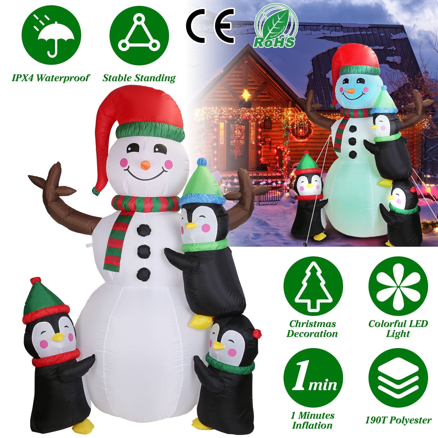 5.9Ft Snowman and Penguin Blow Up Yard Decoration with LED Light Built-in Air Blower Free Shipping For Sale