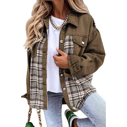 Women's Denim Jacket Long Sleeve Plaid Button Down Shirts Shacket Discount Pices