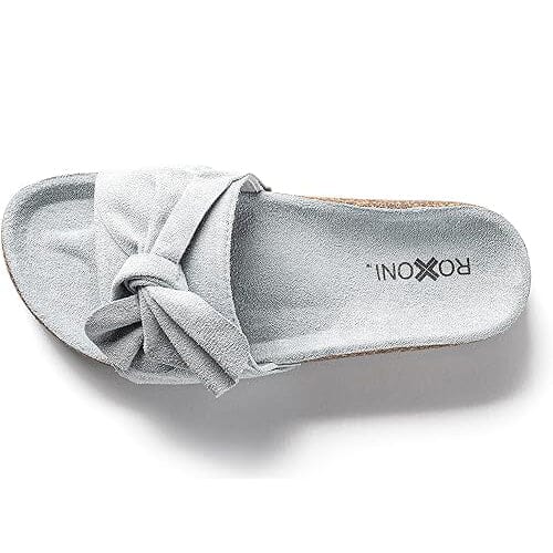 Roxoni Women Comfort Sandals Ribbon Bow Top EVA Flat Slides Footbed Suede with Arch Support Non-Slip Cheap Discount Sale