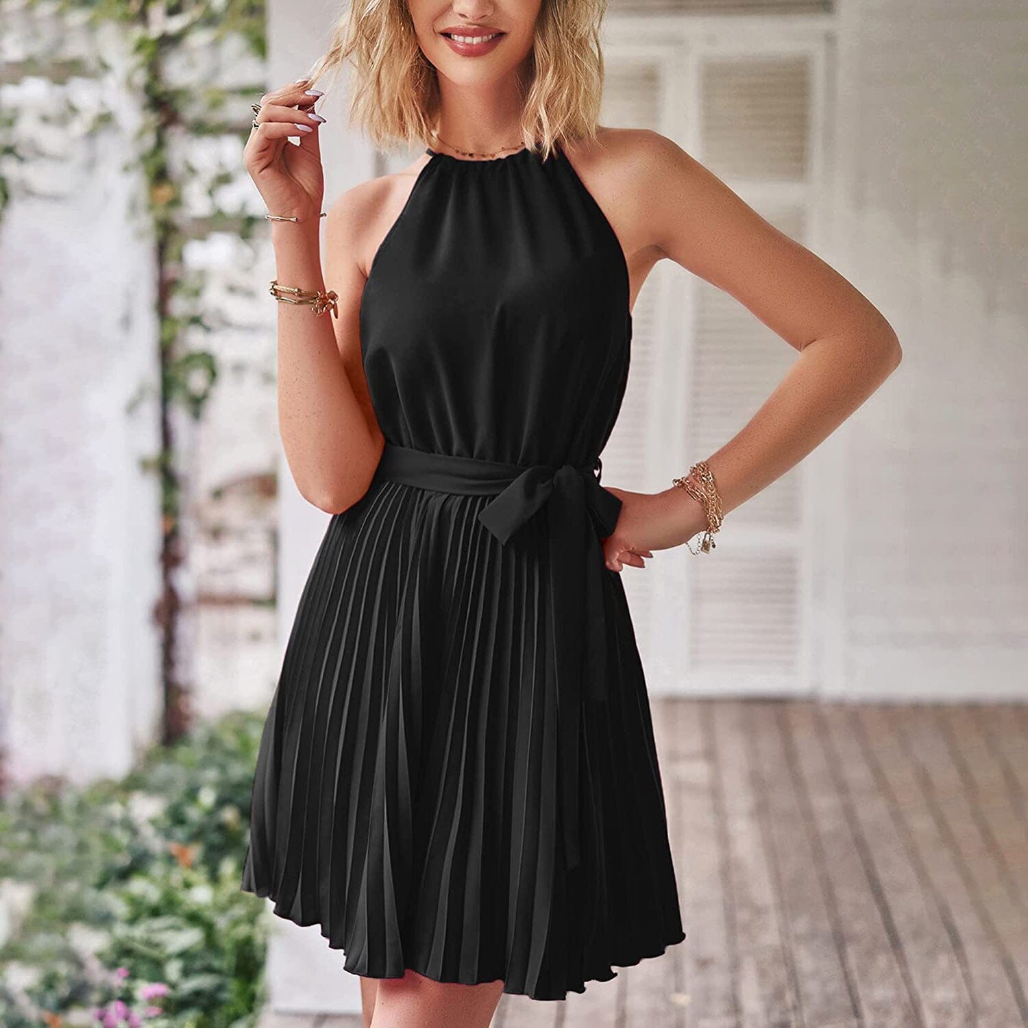 Casual Halter Neck A-Line Dress Sleeveless Belted Swing Pleated Cocktail Party Beach Mini Dresses Affordable Sale Online