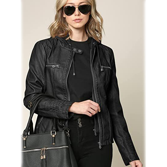 Lock and Love Women's Removable Hooded Faux Leather Jacket Sale Big Discount