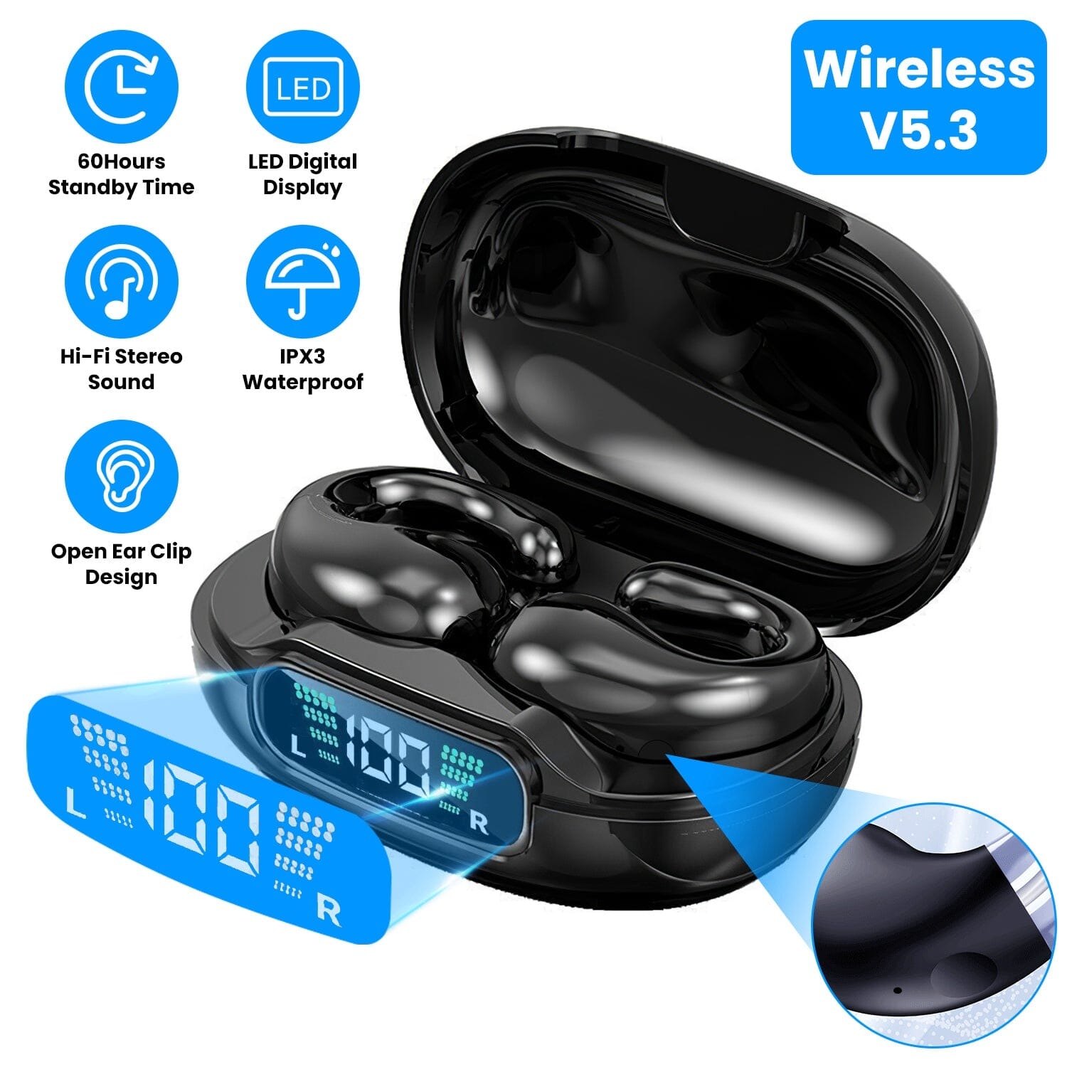 Wireless V5.3 Open Ear Clip Earbuds IPX3 Waterproof Ultra Open Earbuds with LED Display Cheap Purchase