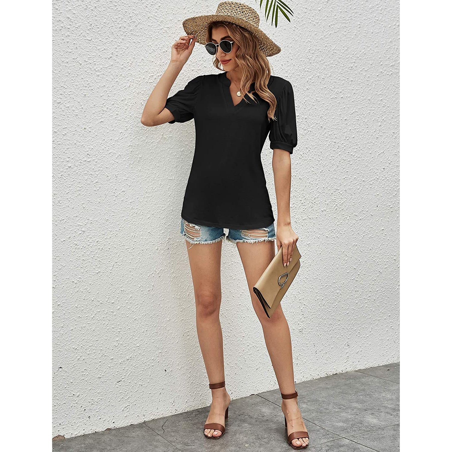 Romanstii Women Casual V-neck T-Shirts Loose Puff Short Free Shipping Cheap Online