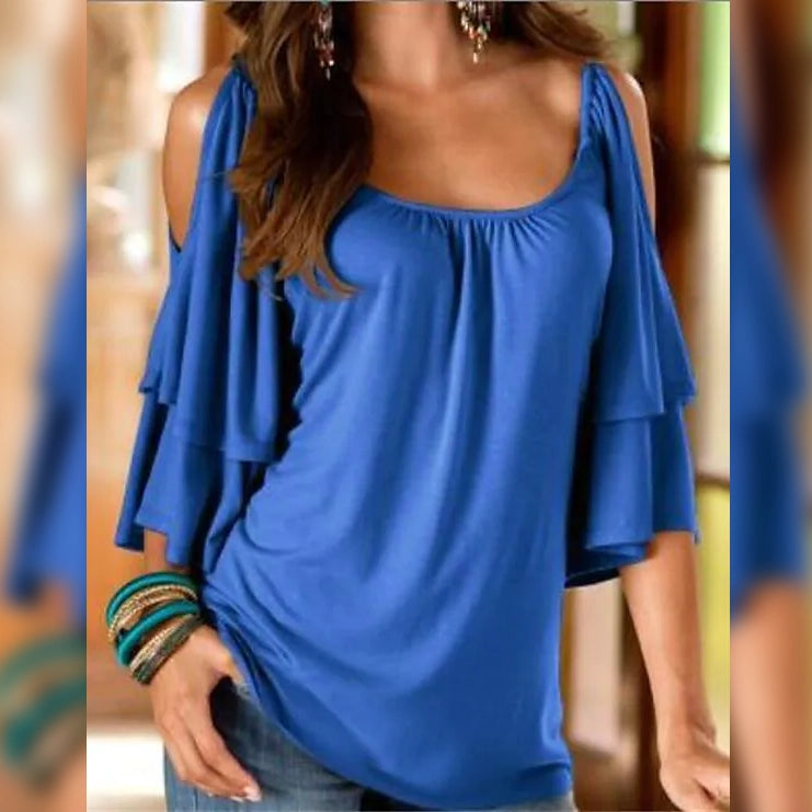 Women's T-Shirt Plain Ruffle Cold Shoulder Short Sleeve Clearance Store Sale Online