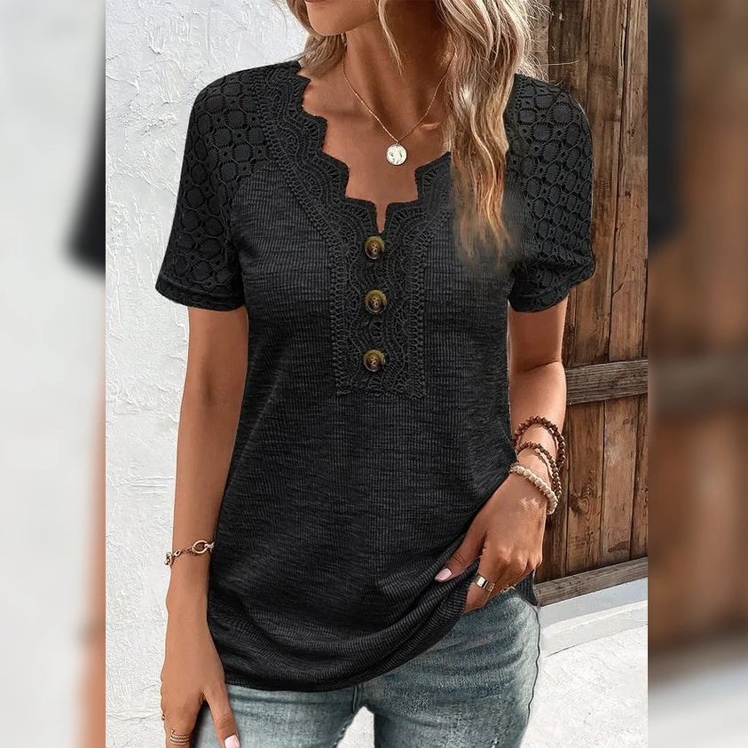 Women's T-Shirt Plain Lace Button Short Sleeve Outlet Huge Surprise