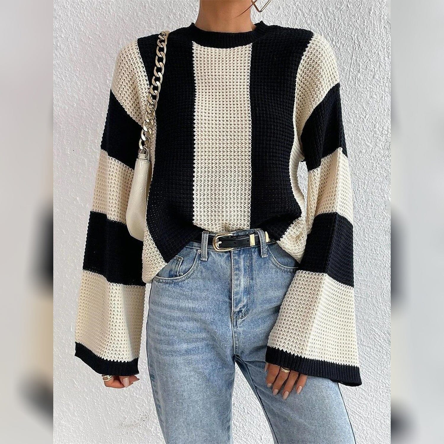 Women's Pullover Ribbed Knit Patchwork Striped Sweater Sale Low Cost