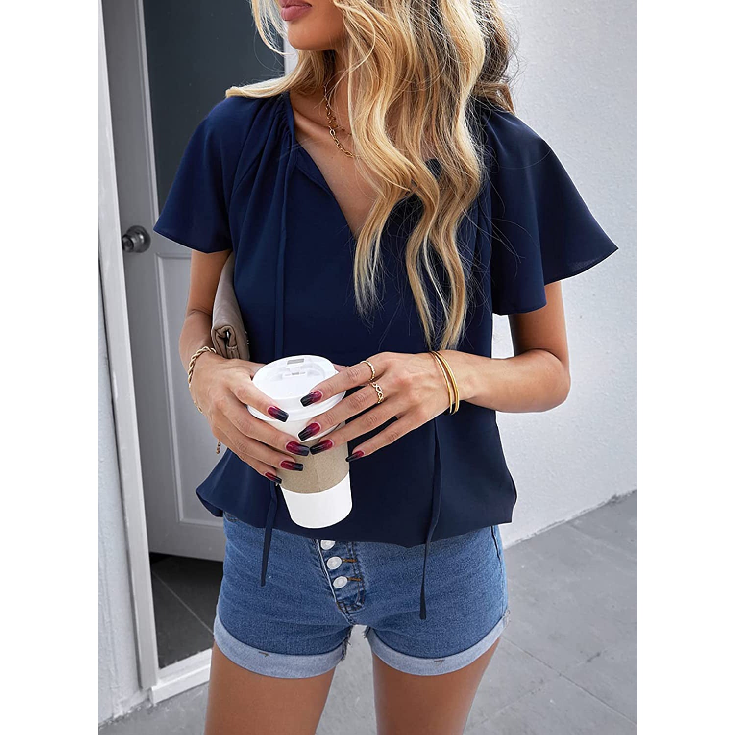 Women's Casual Boho V Neck Tops Drawstring T Shirt Cheap New Styles