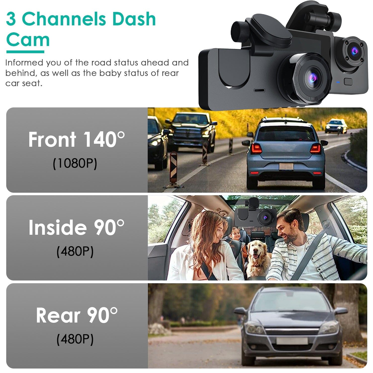 3 Channel Dash Cam Front Inside Rear Vehicle Driving Recorder Car DVR For Sale Online