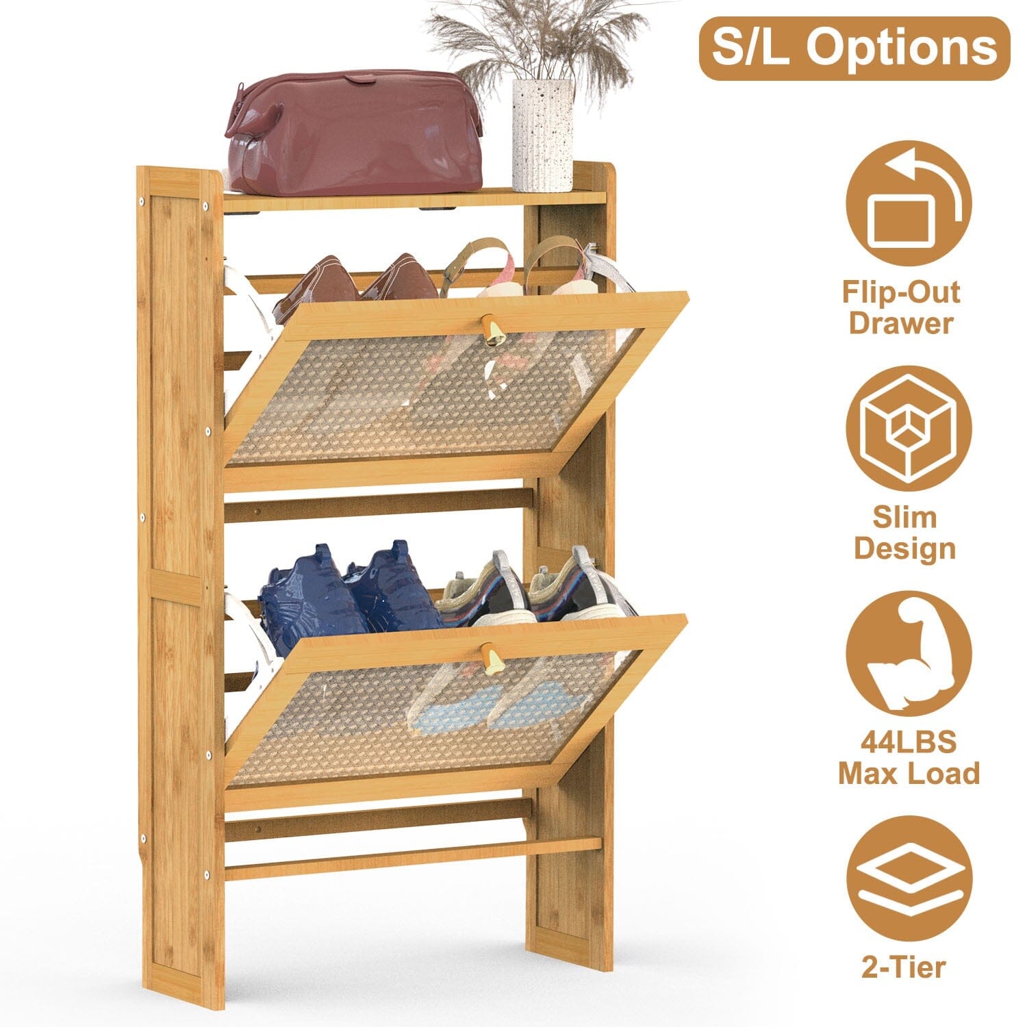 2-Tier Shoe Cabinet with 2 Flip Drawers Slim Bamboo Rack Narrow Shoe Organizer Largest Supplier For Sale