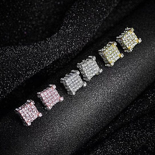 Silver Micro Pave Stud Earrings Clear Square 3D Sidestones Outlet Affordable