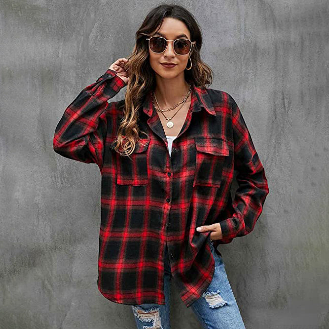 Women's Button Flannel Shirt Plaid Long Sleeve Top Classic Cheap Pice