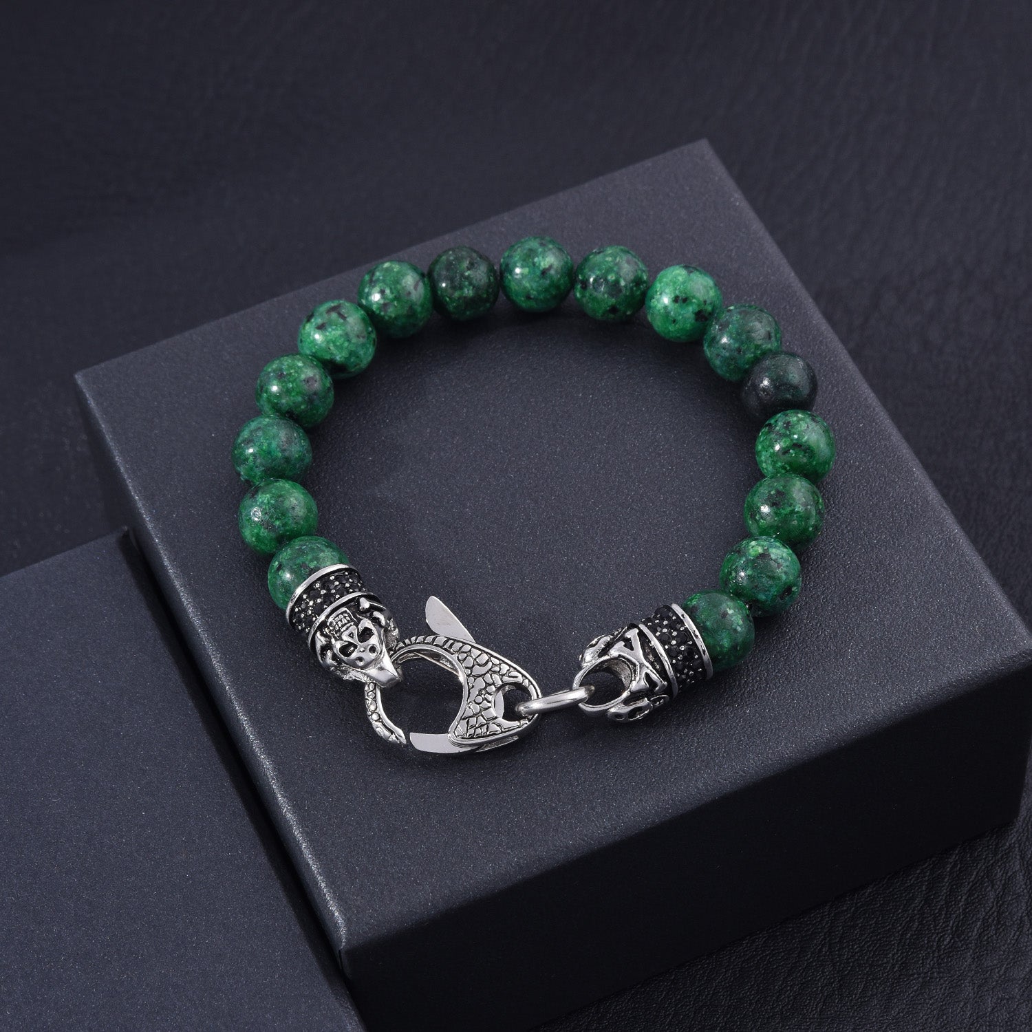 Genuine Indian Green Agate Stainless Steel Beaded Bracelet Black Cubic Zirconia Authentic