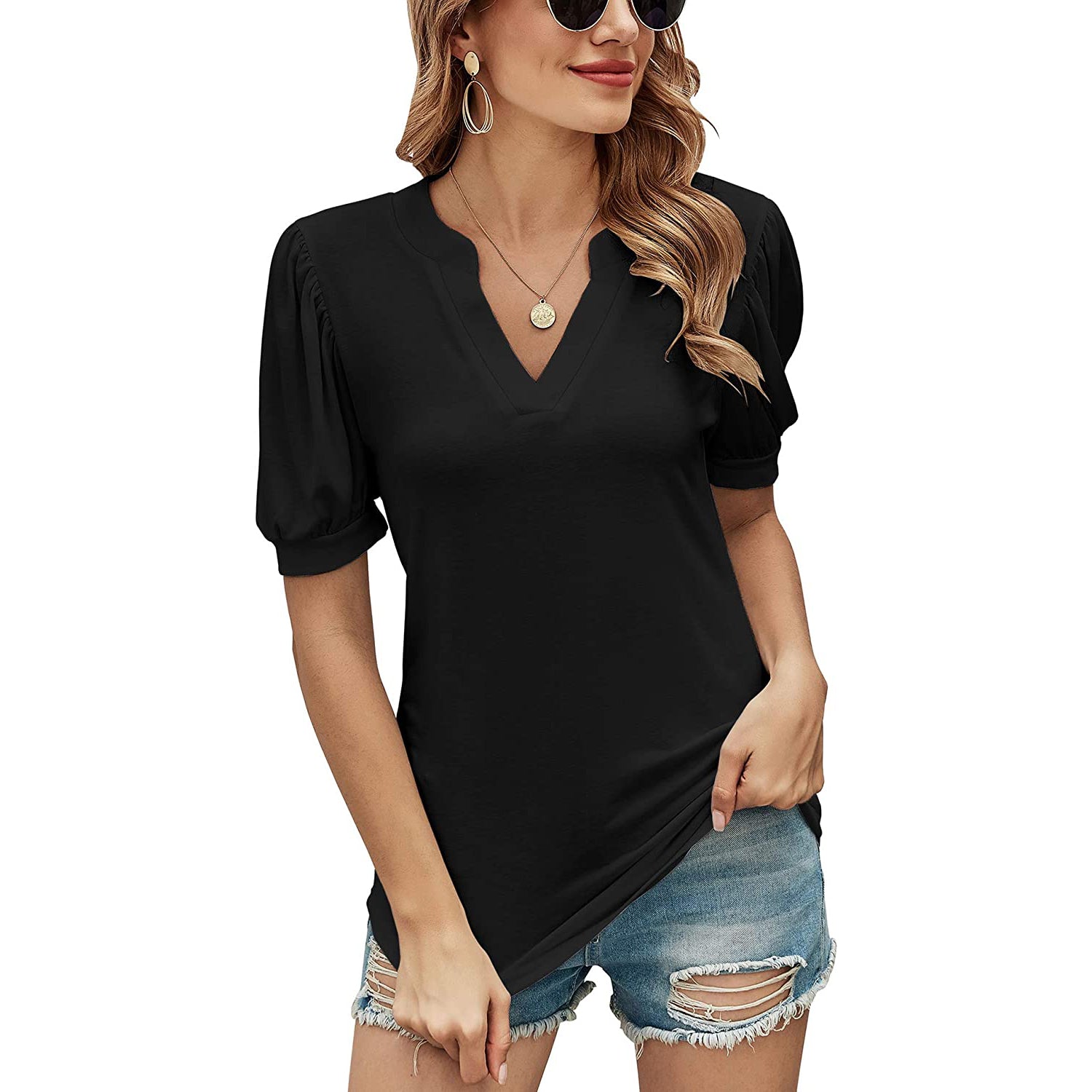 Romanstii Women Casual V-neck T-Shirts Loose Puff Short Free Shipping Cheap Online