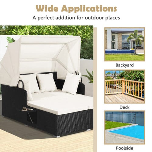 Patio Rattan Daybed with Retractable Canopy and Side Tables Finishline