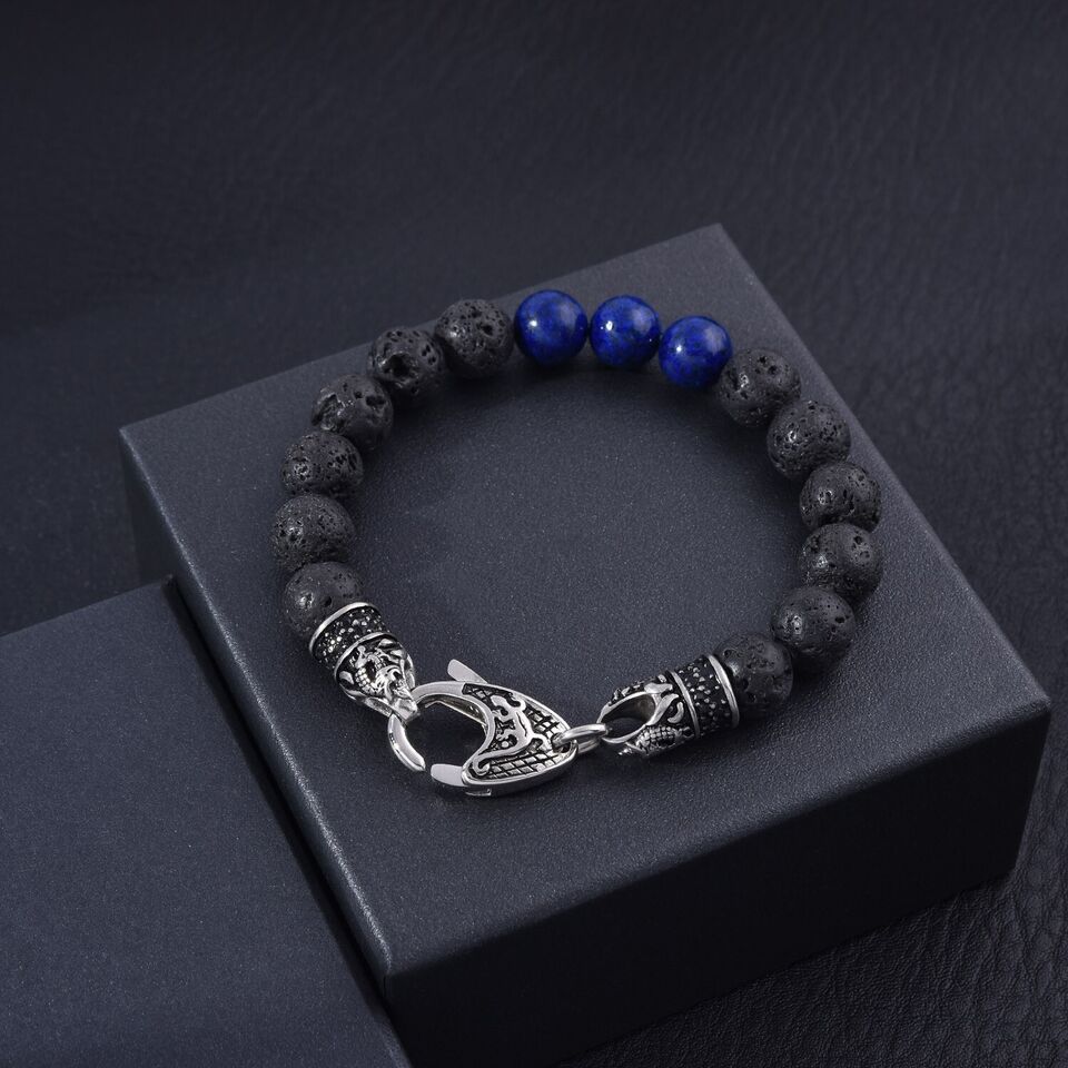 Genuine Black Lava Volcanic Lapis Stainless Steel Beaded Bracelet Popular Cheap Online