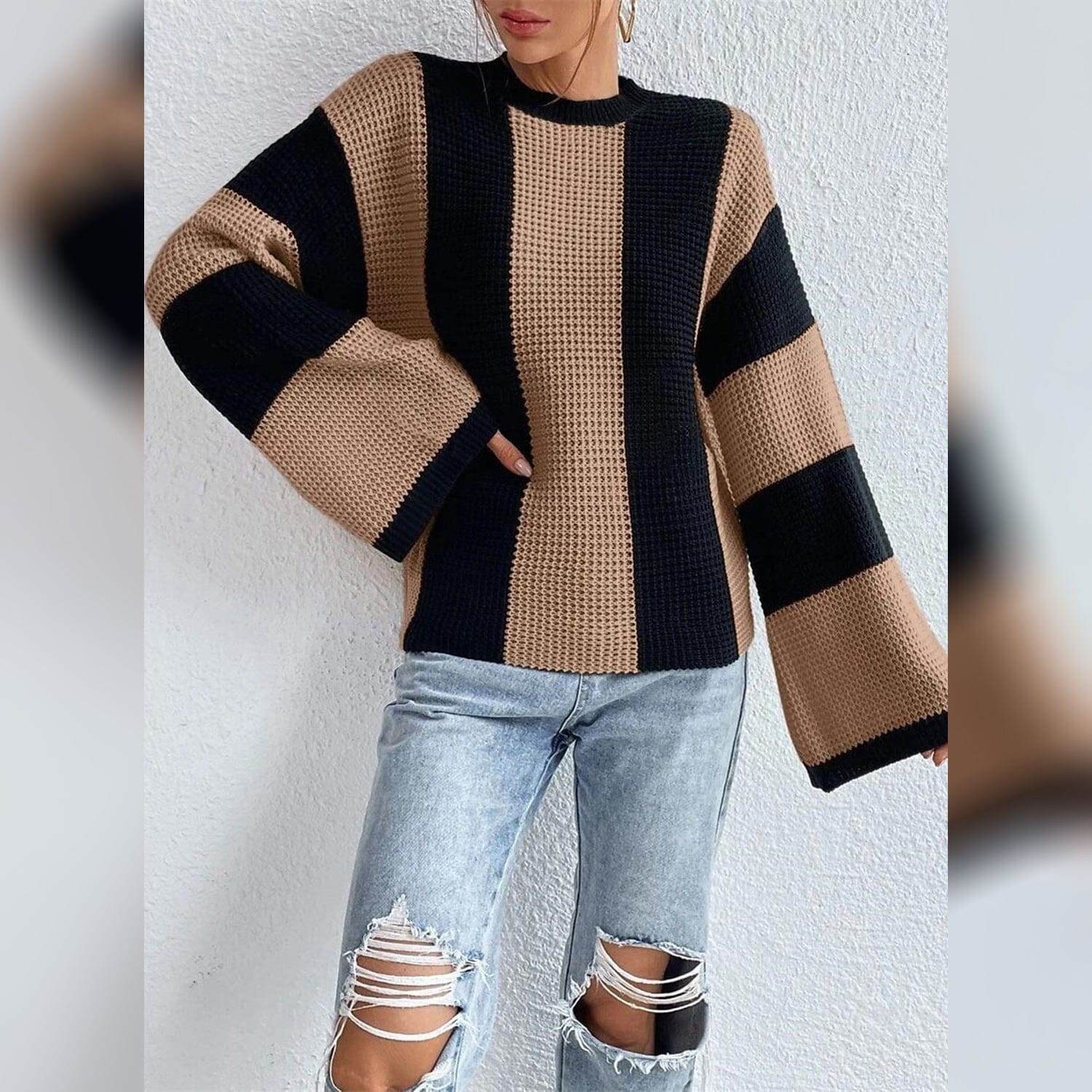 Women's Pullover Ribbed Knit Patchwork Striped Sweater Sale Low Cost