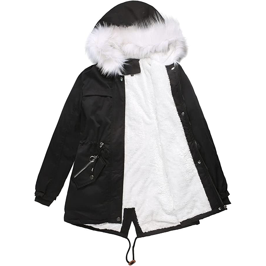 Women's Thick Warm Fleece Lined Winter Coat Jacket Parka with Fluffy Hood Visa Payment