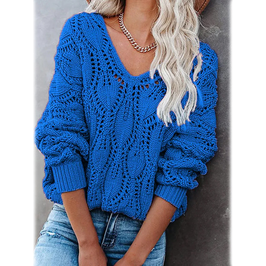 Women's Crochet Hollow Out Knitted V Neck Sweater On Hot Sale