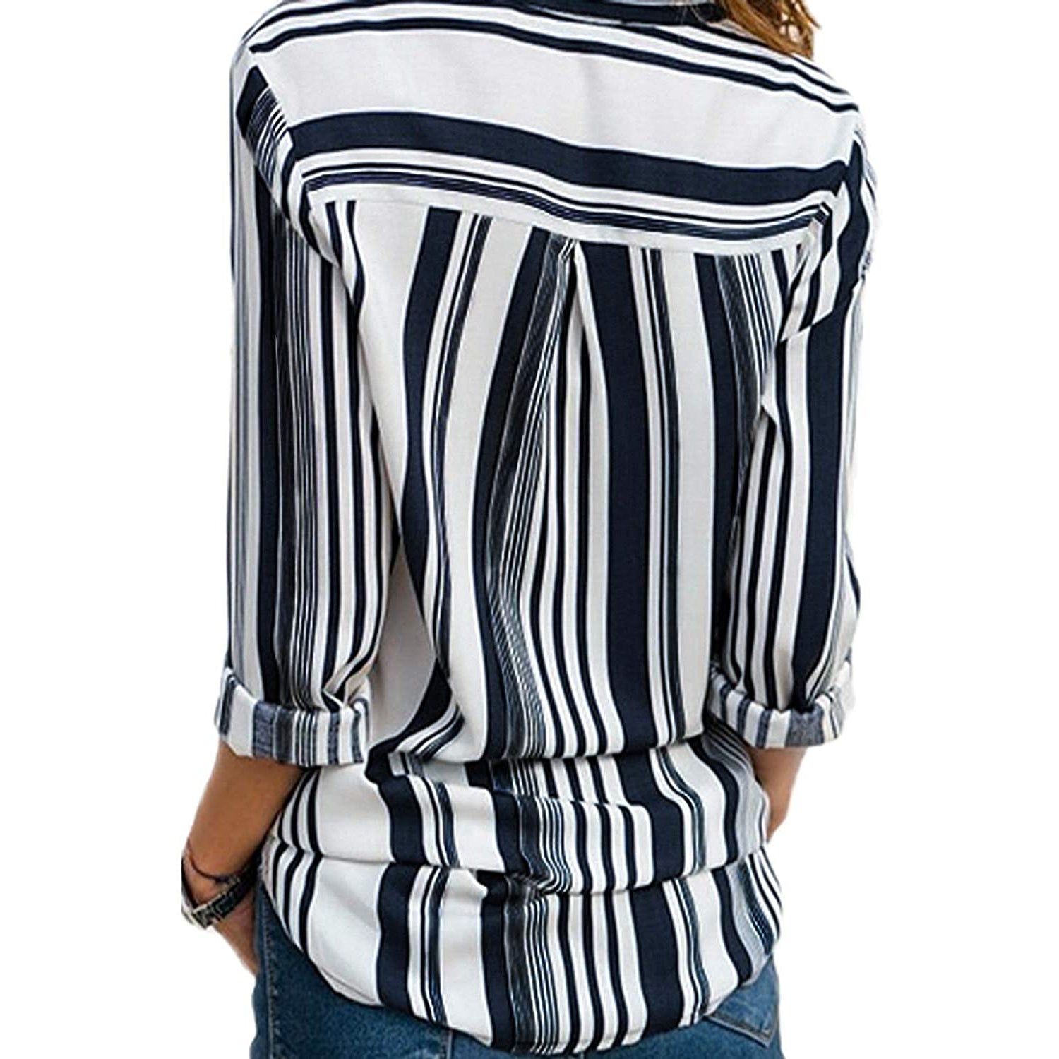 Womens V Neck Striped Roll up Sleeve Button Down Blouses Top Cheap With Credit Card