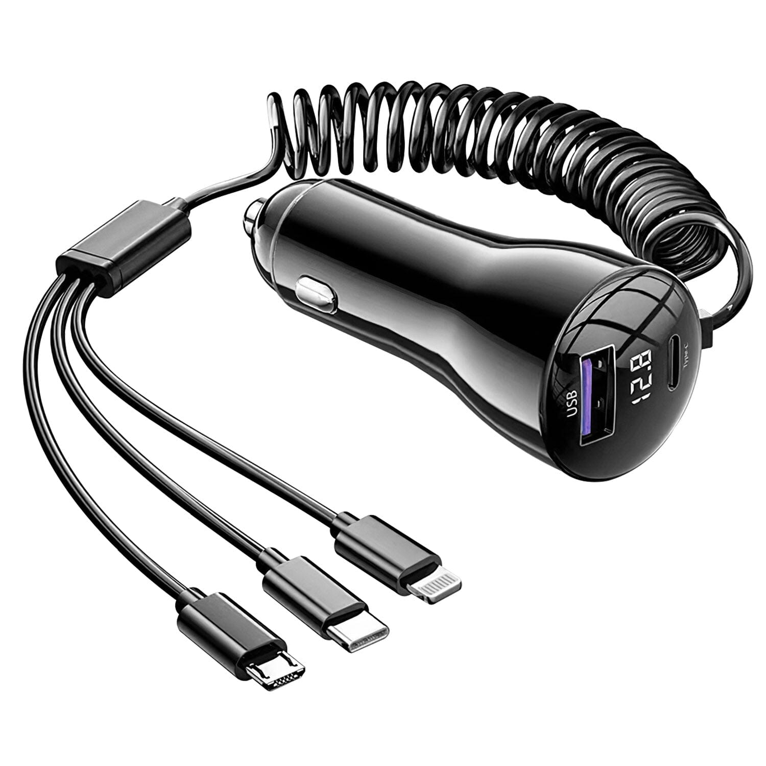 5-in-1 Fast Charge Car Charger QC PD USB Type C LT 5 Port with 4ft Coiled Cable Outlet Good Selling